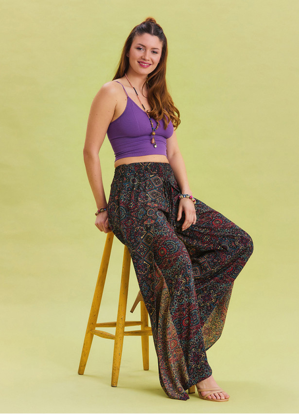 Indigo Bohemian Trousers with Elastic Waist and Tie Detail 4472